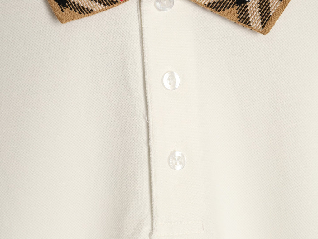 Burberry 26SS Check-Collar Ivory Long-Sleeve Polo Shirt