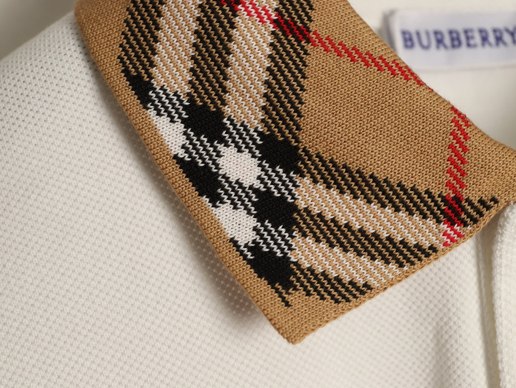 Burberry 26SS Check-Collar Ivory Long-Sleeve Polo Shirt