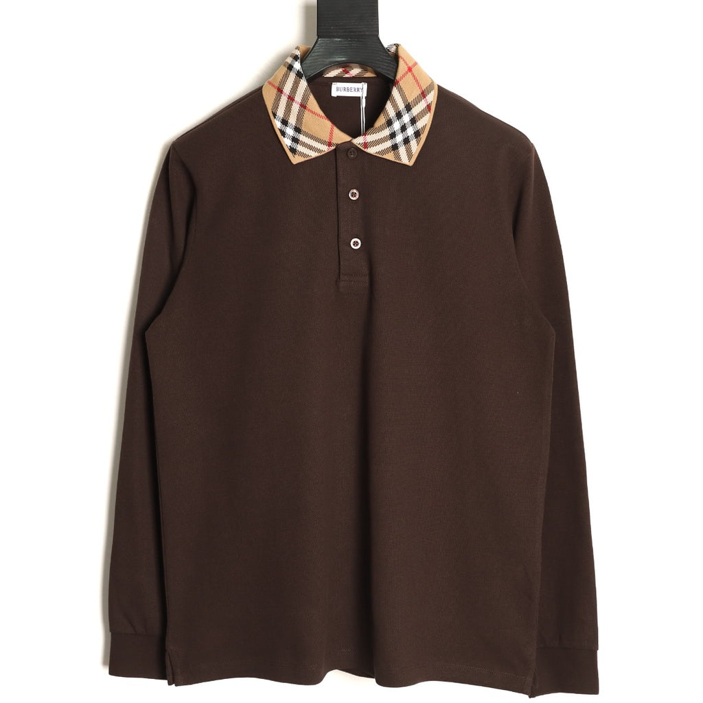 Burberry 26SS Check-Collar Dark Brown Long-Sleeve Polo Shirt