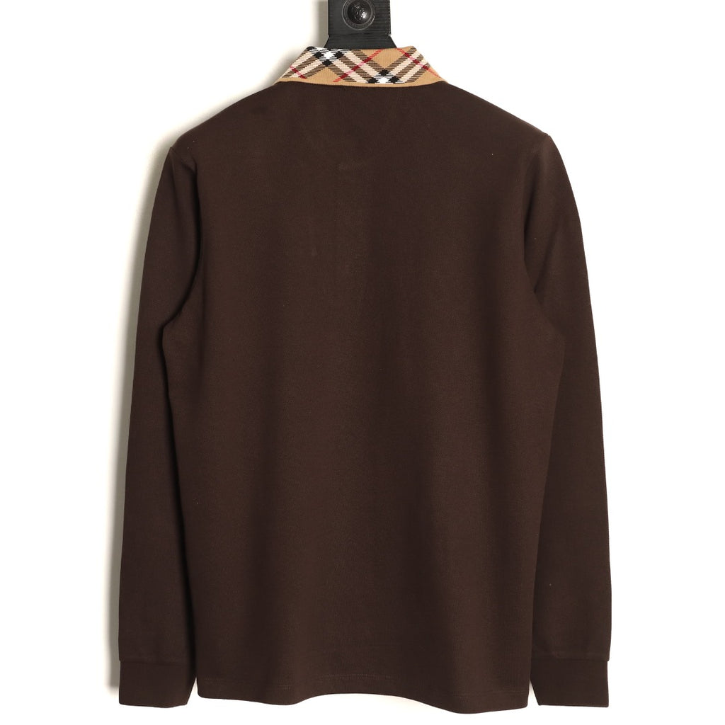 Burberry 26SS Check-Collar Dark Brown Long-Sleeve Polo Shirt