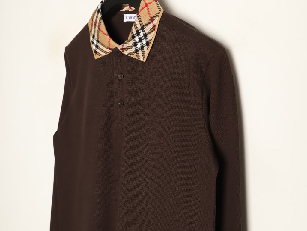 Burberry 26SS Check-Collar Dark Brown Long-Sleeve Polo Shirt