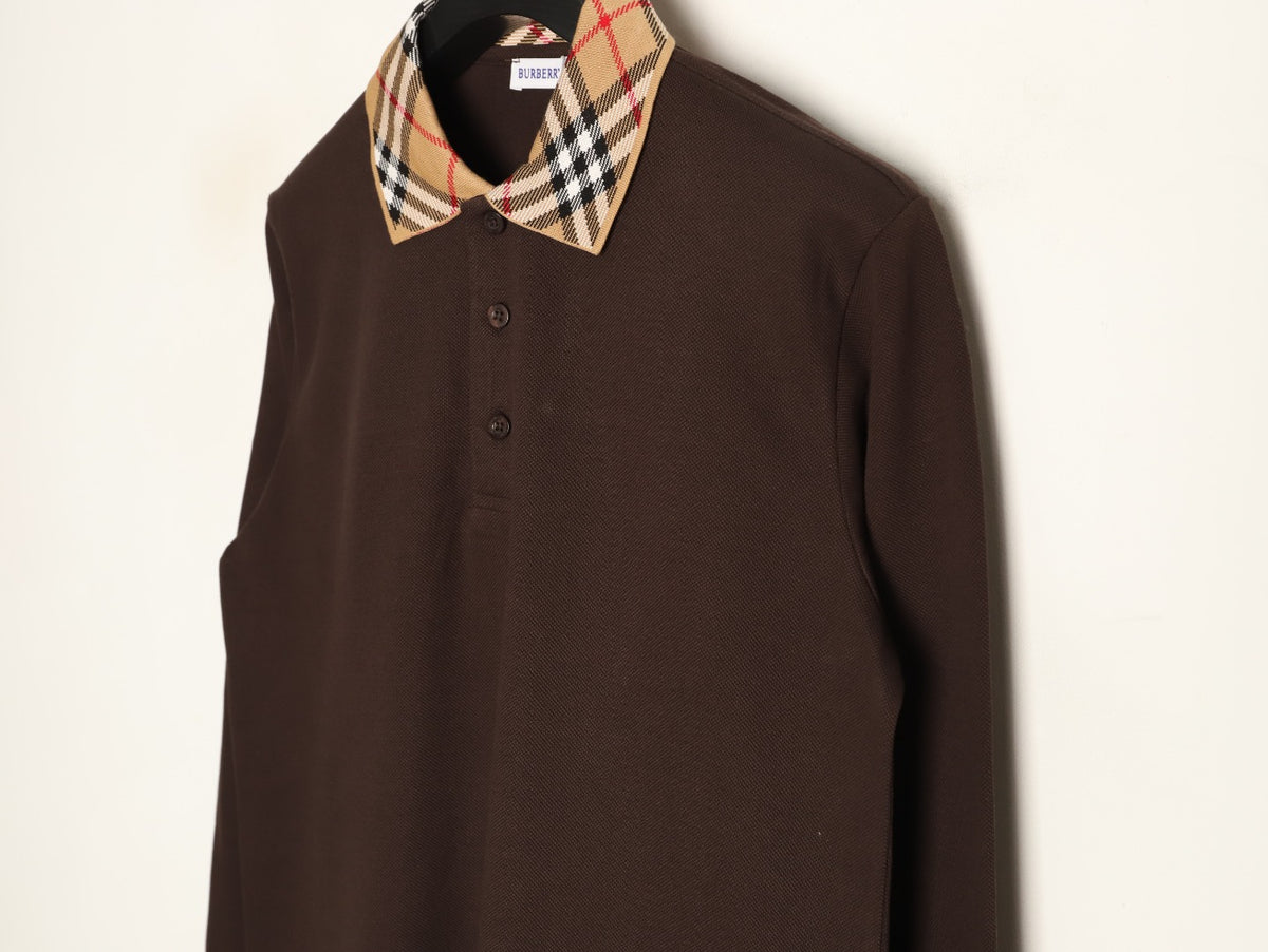 Burberry 26SS Check-Collar Dark Brown Long-Sleeve Polo Shirt