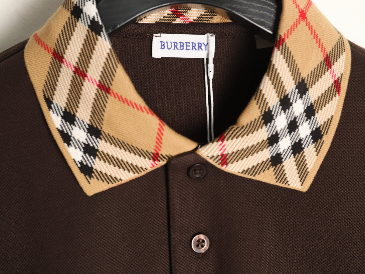 Burberry 26SS Check-Collar Dark Brown Long-Sleeve Polo Shirt