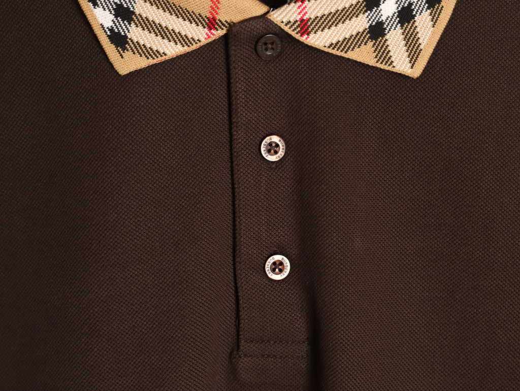 Burberry 26SS Check-Collar Dark Brown Long-Sleeve Polo Shirt