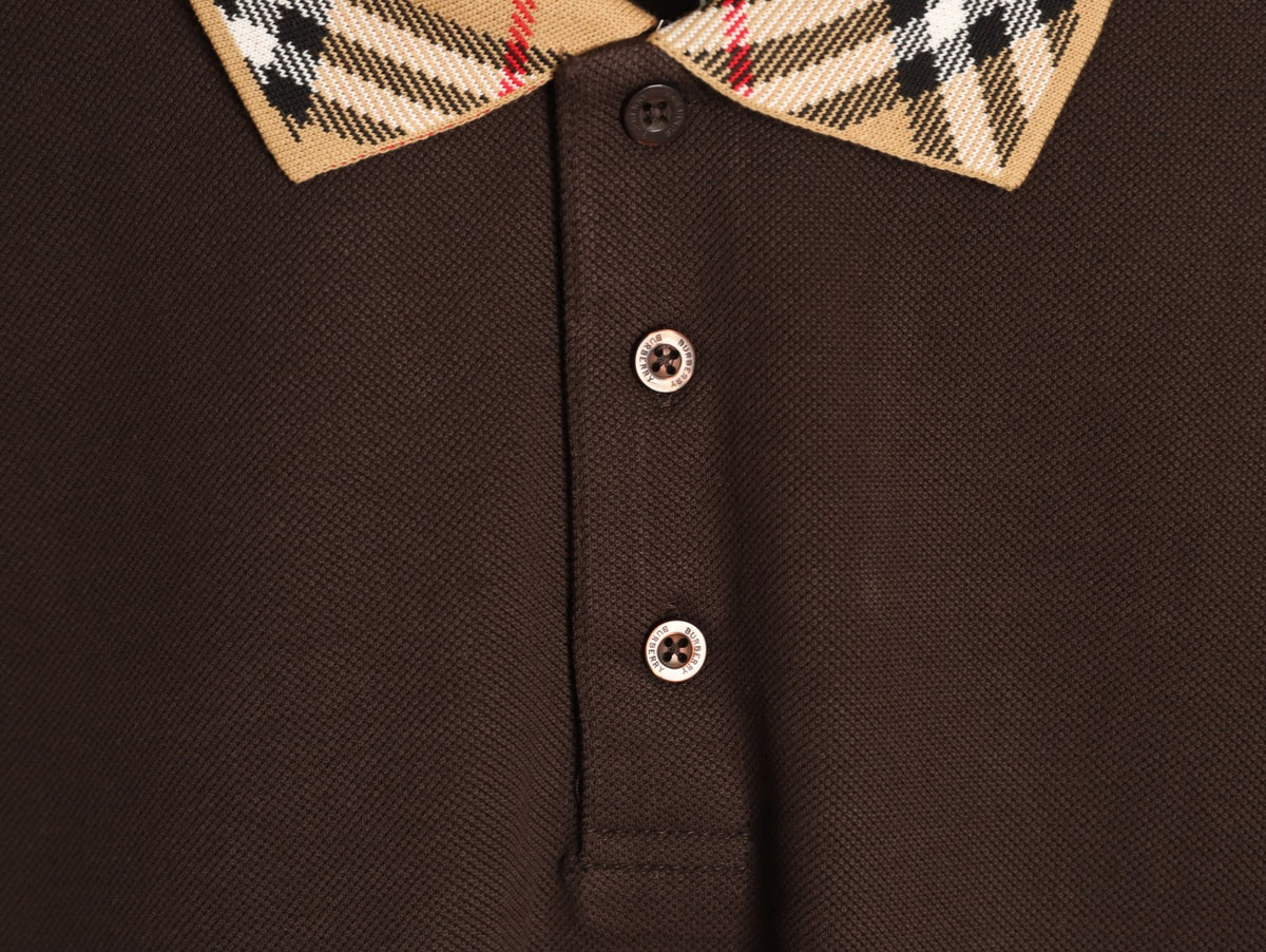 Burberry 26SS Check-Collar Dark Brown Long-Sleeve Polo Shirt