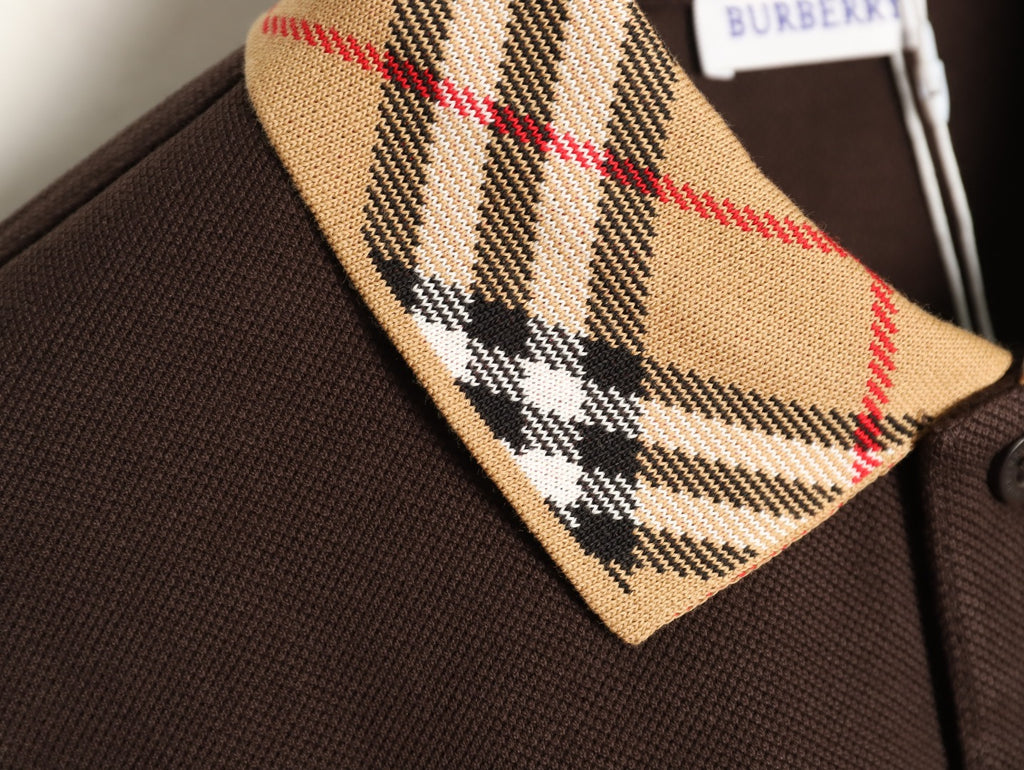 Burberry 26SS Check-Collar Dark Brown Long-Sleeve Polo Shirt