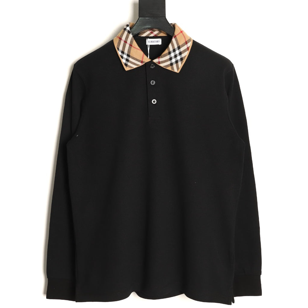Burberry 26SS Check-Collar Black Long-Sleeve Polo Shirt