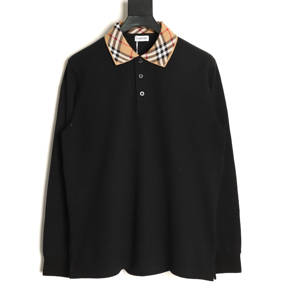 Burberry 26SS Check-Collar Black Long-Sleeve Polo Shirt
