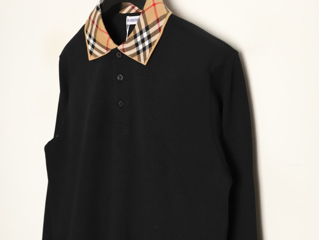 Burberry 26SS Check-Collar Black Long-Sleeve Polo Shirt