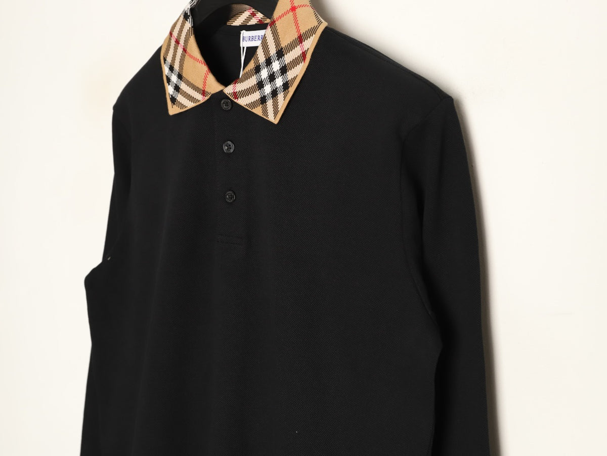 Burberry 26SS Check-Collar Black Long-Sleeve Polo Shirt