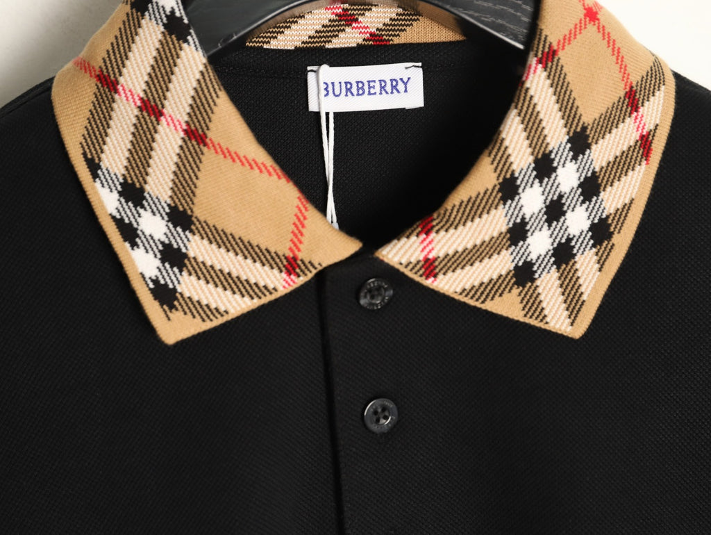 Burberry 26SS Check-Collar Black Long-Sleeve Polo Shirt