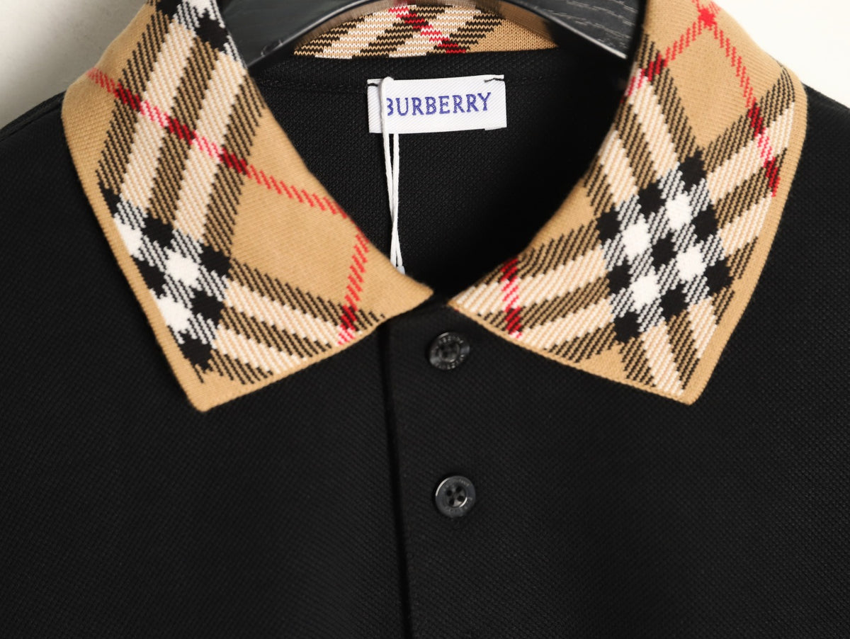 Burberry 26SS Check-Collar Black Long-Sleeve Polo Shirt