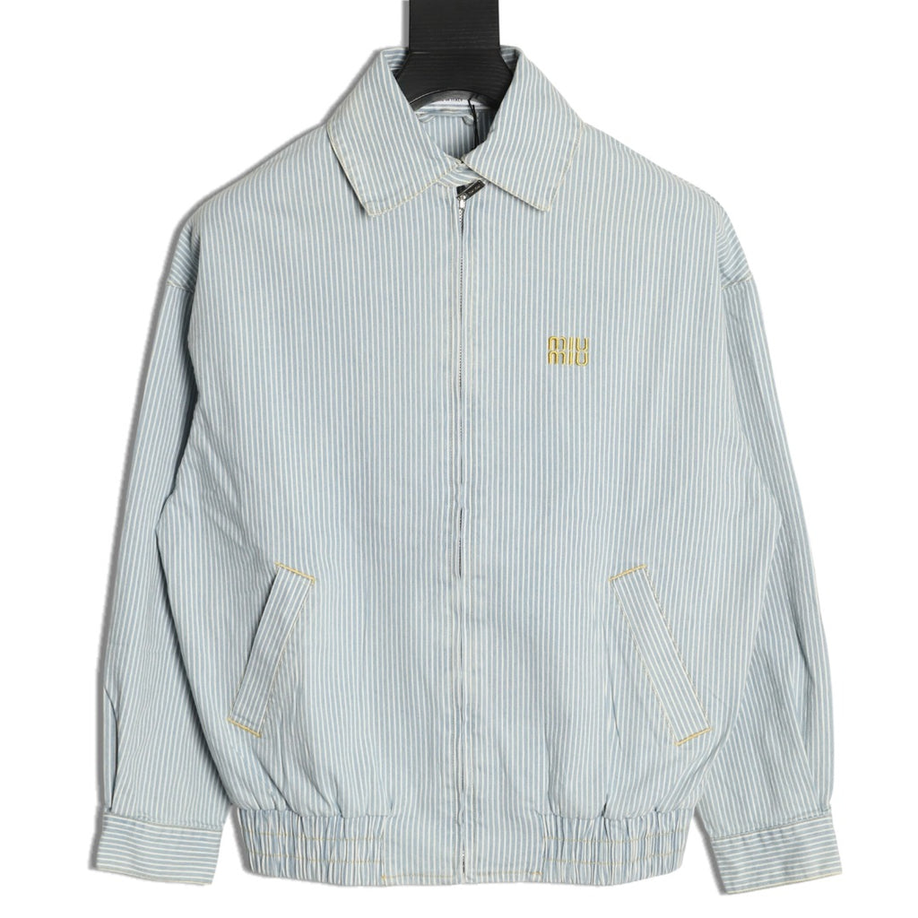 Miu Miu MM Pinstripe Zip-Up Denim Jacket