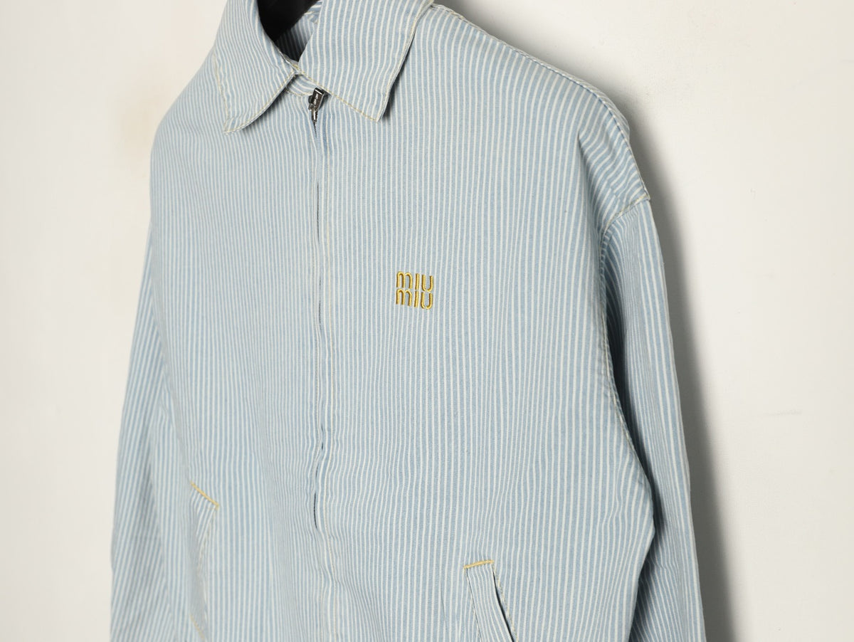 Miu Miu MM Pinstripe Zip-Up Denim Jacket