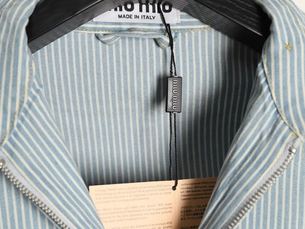 Miu Miu MM Pinstripe Zip-Up Denim Jacket