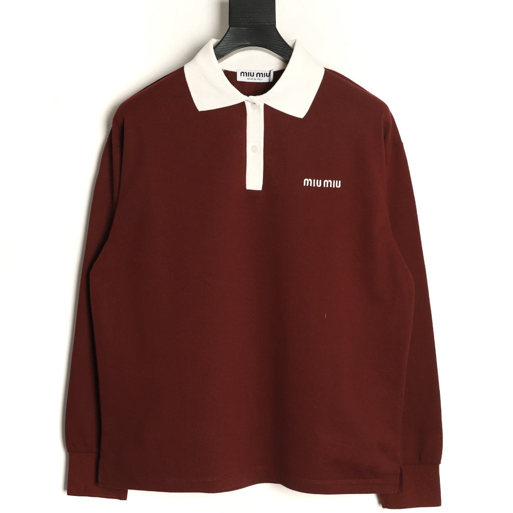 Miu Miu Logo Contrast-Collar Burgundy Long-Sleeve Polo Shirt