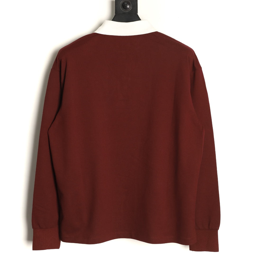 Miu Miu Logo Contrast-Collar Burgundy Long-Sleeve Polo Shirt