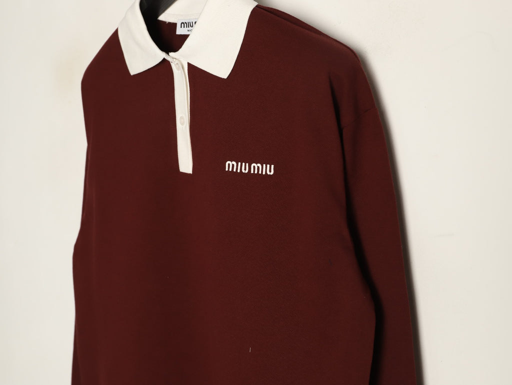 Miu Miu Logo Contrast-Collar Burgundy Long-Sleeve Polo Shirt