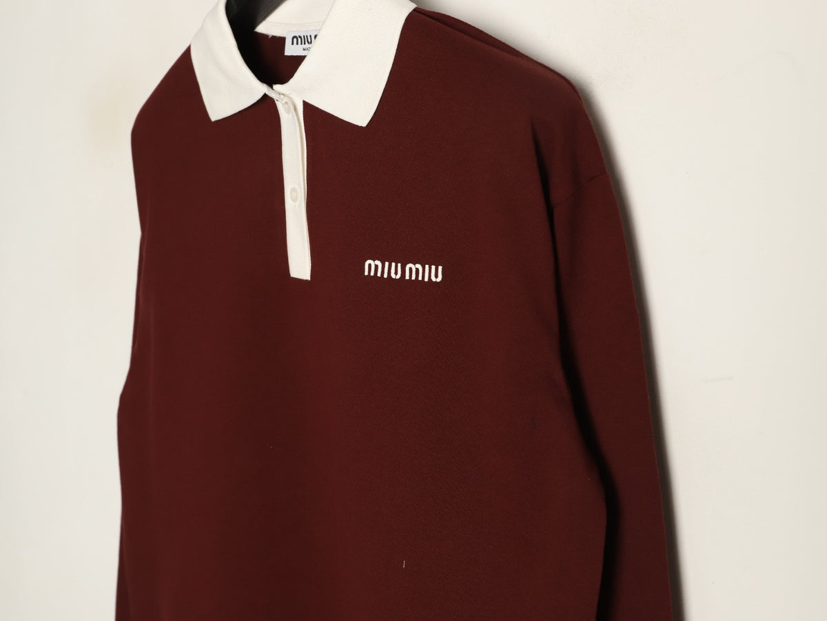 Miu Miu Logo Contrast-Collar Burgundy Long-Sleeve Polo Shirt