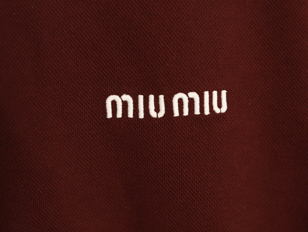 Miu Miu Logo Contrast-Collar Burgundy Long-Sleeve Polo Shirt