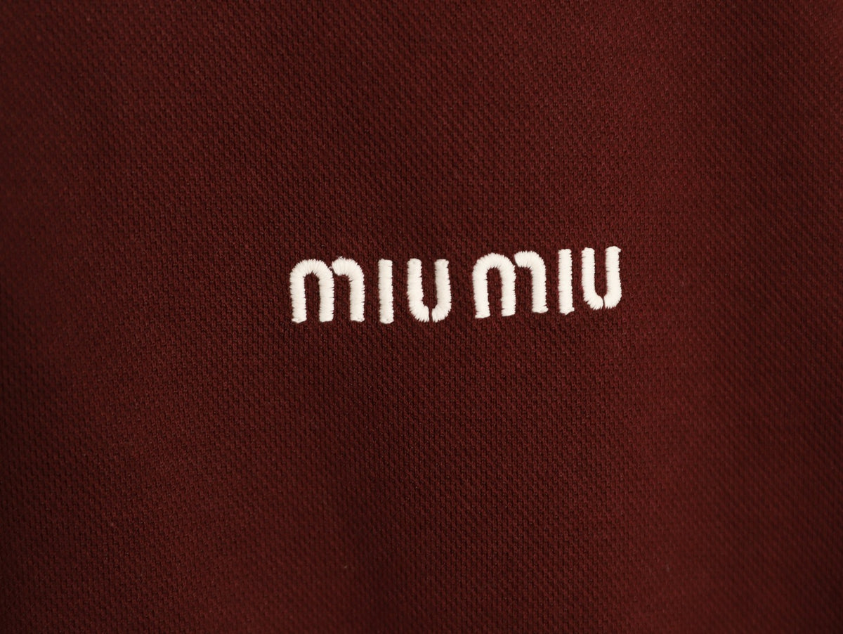 Miu Miu Logo Contrast-Collar Burgundy Long-Sleeve Polo Shirt