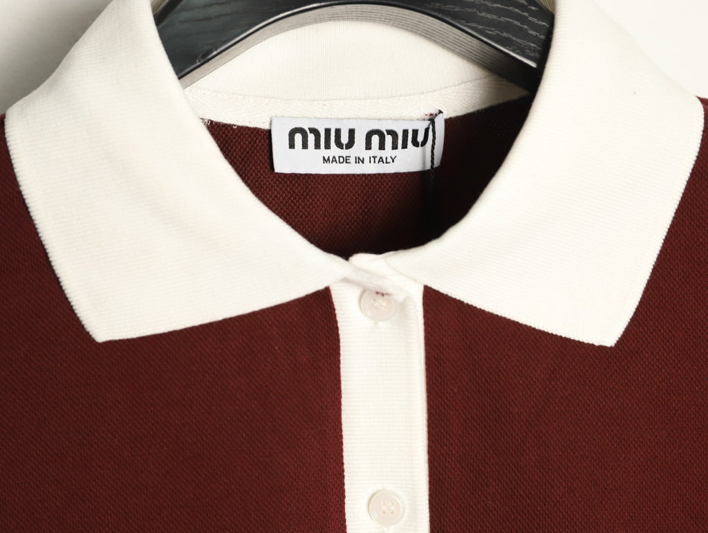 Miu Miu Logo Contrast-Collar Burgundy Long-Sleeve Polo Shirt