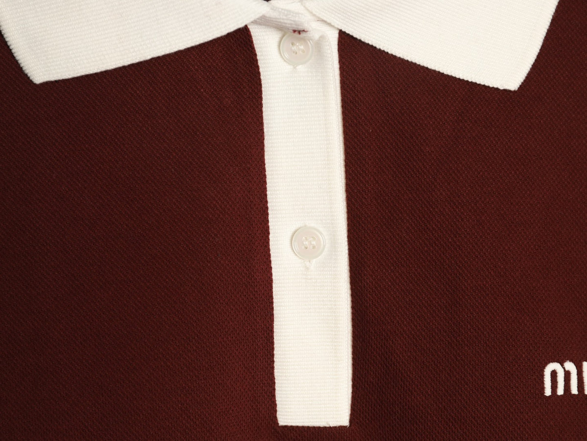 Miu Miu Logo Contrast-Collar Burgundy Long-Sleeve Polo Shirt
