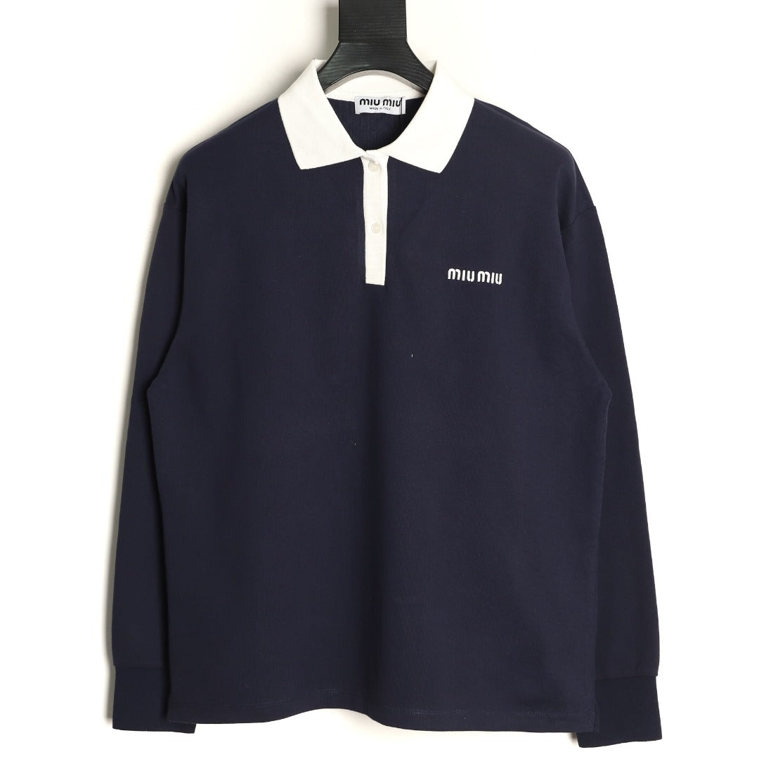 Miu Miu Logo Contrast-Collar Navy Long-Sleeve Polo Shirt
