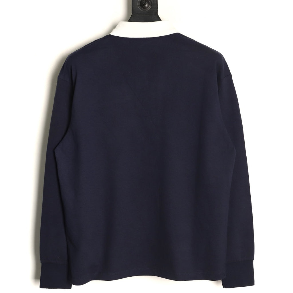 Miu Miu Logo Contrast-Collar Navy Long-Sleeve Polo Shirt