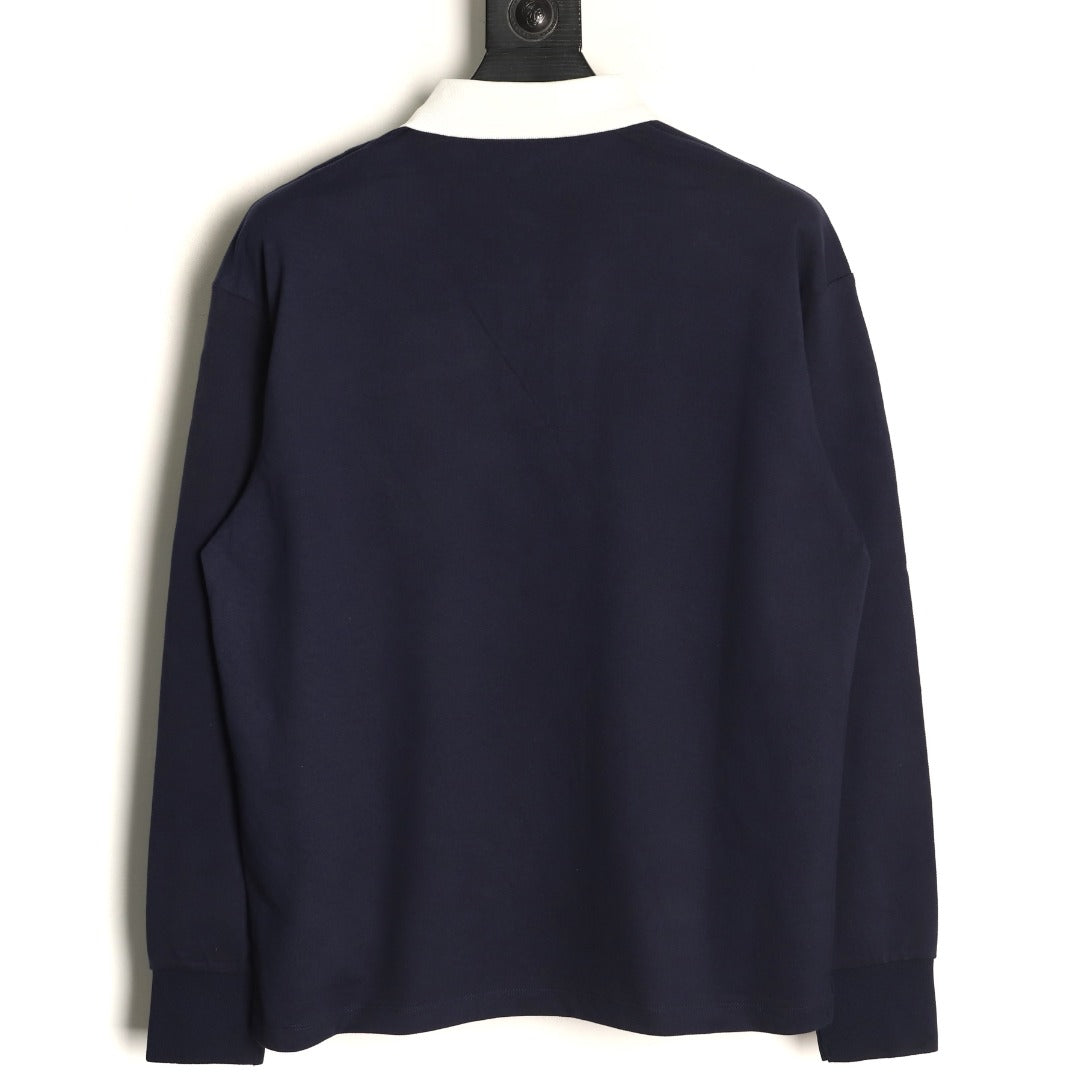 Miu Miu Logo Contrast-Collar Navy Long-Sleeve Polo Shirt