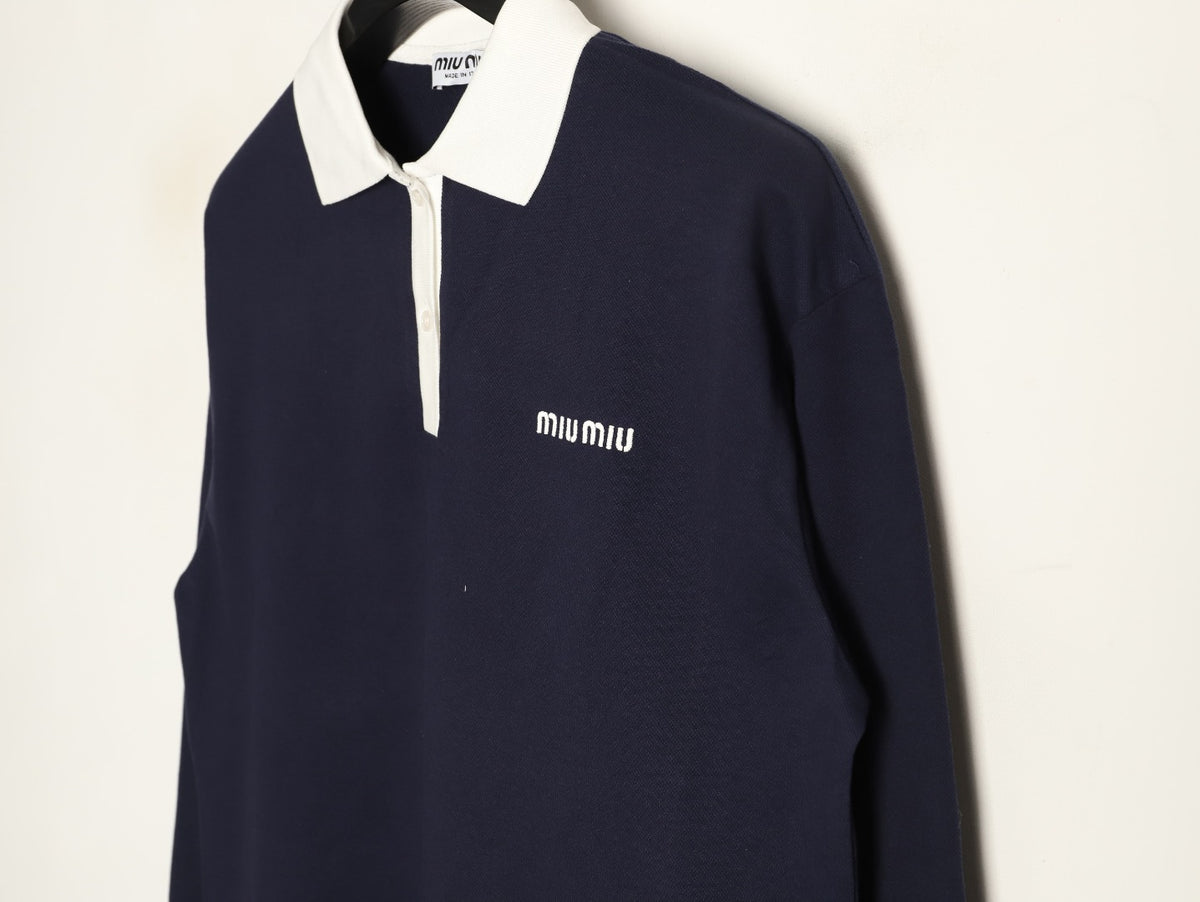 Miu Miu Logo Contrast-Collar Navy Long-Sleeve Polo Shirt