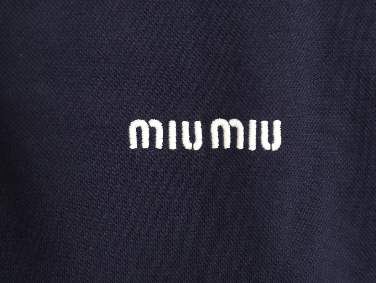 Miu Miu Logo Contrast-Collar Navy Long-Sleeve Polo Shirt
