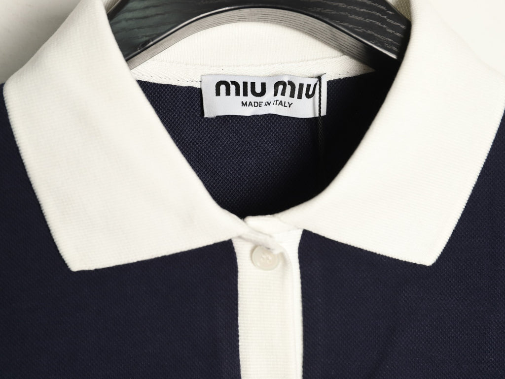 Miu Miu Logo Contrast-Collar Navy Long-Sleeve Polo Shirt
