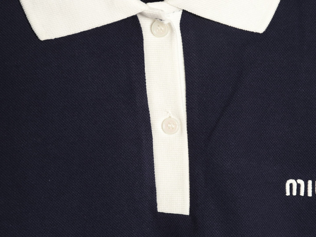 Miu Miu Logo Contrast-Collar Navy Long-Sleeve Polo Shirt