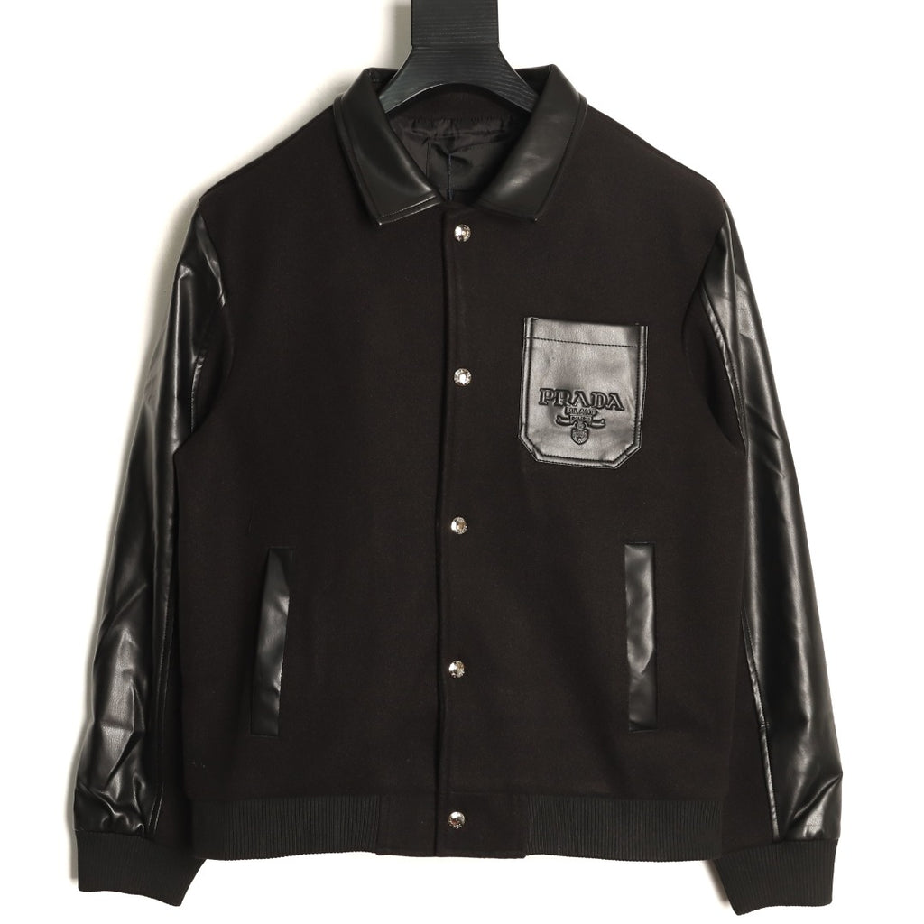 Prada Logo-Patch Pocket Black Varsity Jacket
