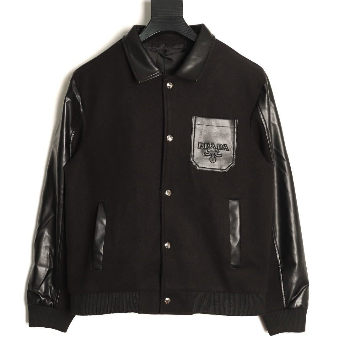 Prada Logo-Patch Pocket Black Varsity Jacket