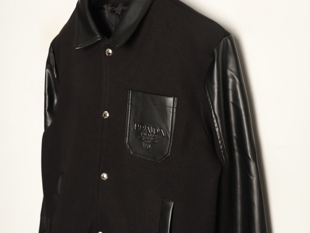 Prada Logo-Patch Pocket Black Varsity Jacket
