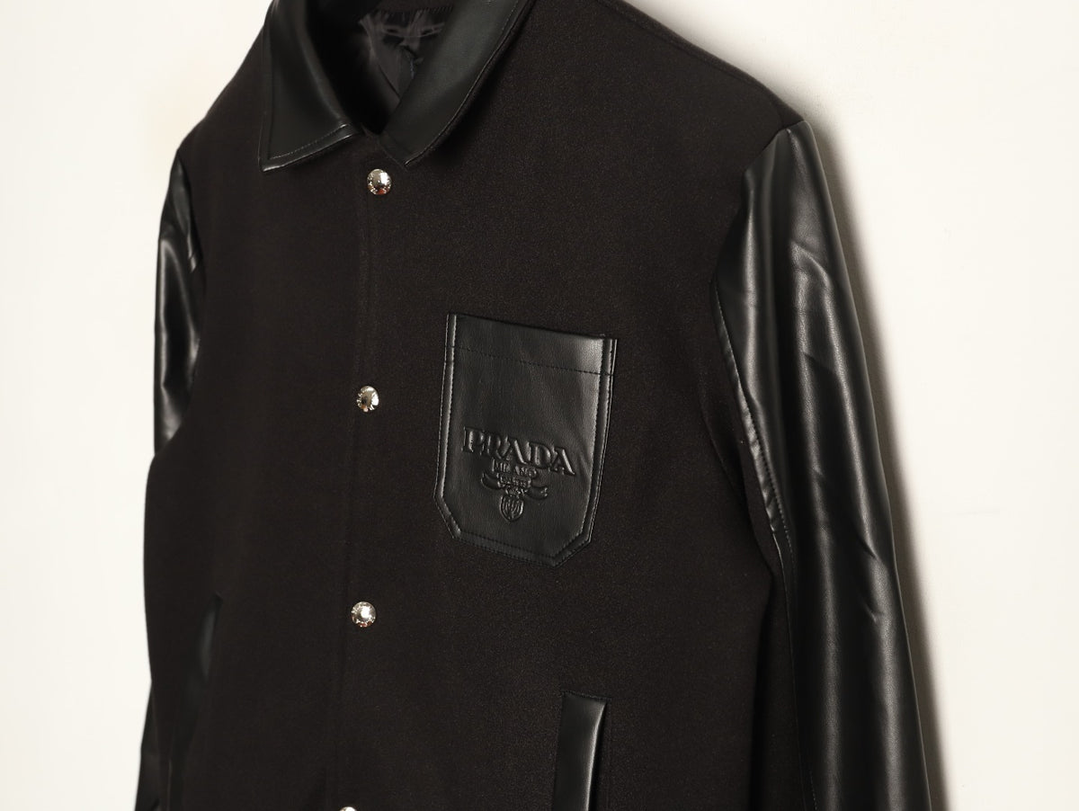Prada Logo-Patch Pocket Black Varsity Jacket