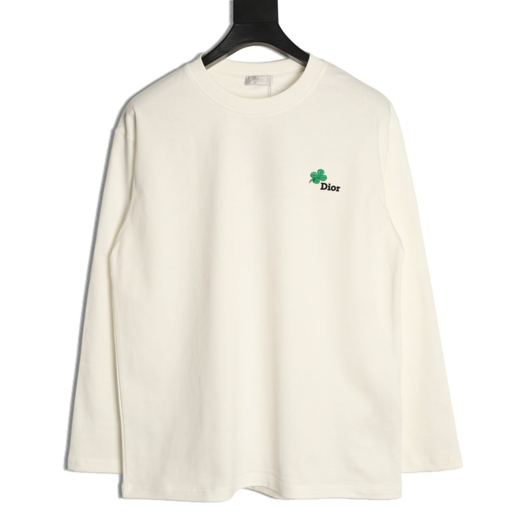 Dior 26SS Clover Logo Embroidered Ivory Long-Sleeve T-Shirt