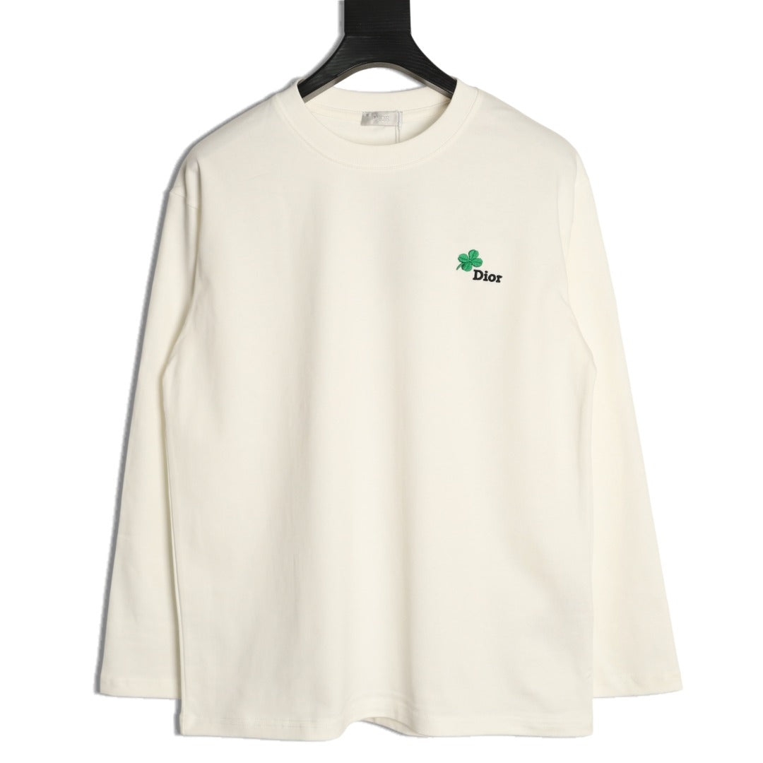 Dior 26SS Clover Logo Embroidered Ivory Long-Sleeve T-Shirt