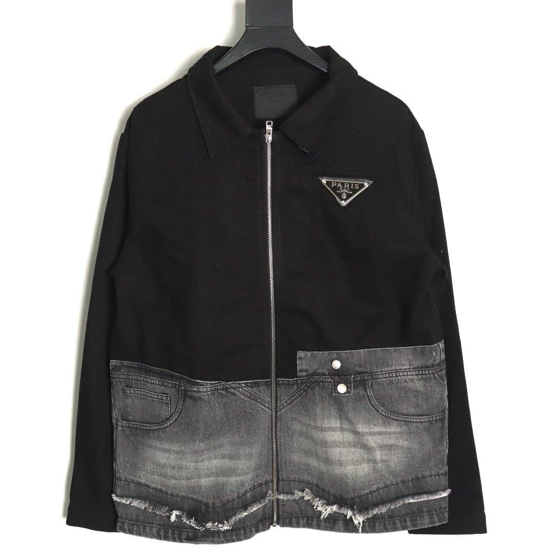 Prada Triangle Logo Washed Denim-Panel Black Zip Jacket