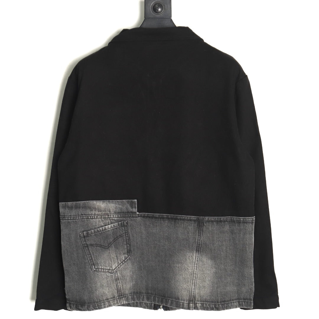 Prada Triangle Logo Washed Denim-Panel Black Zip Jacket
