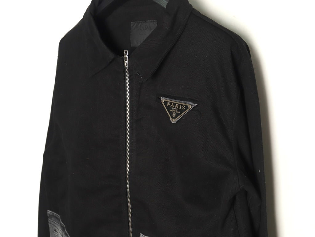 Prada Triangle Logo Washed Denim-Panel Black Zip Jacket