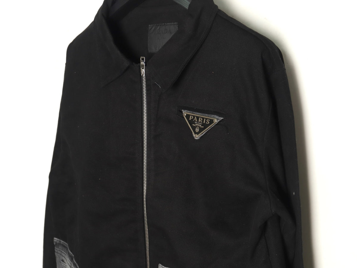 Prada Triangle Logo Washed Denim-Panel Black Zip Jacket