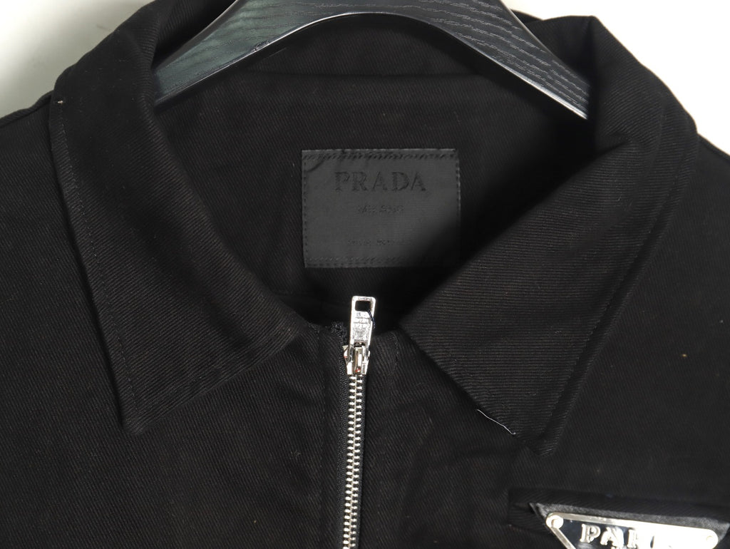Prada Triangle Logo Washed Denim-Panel Black Zip Jacket