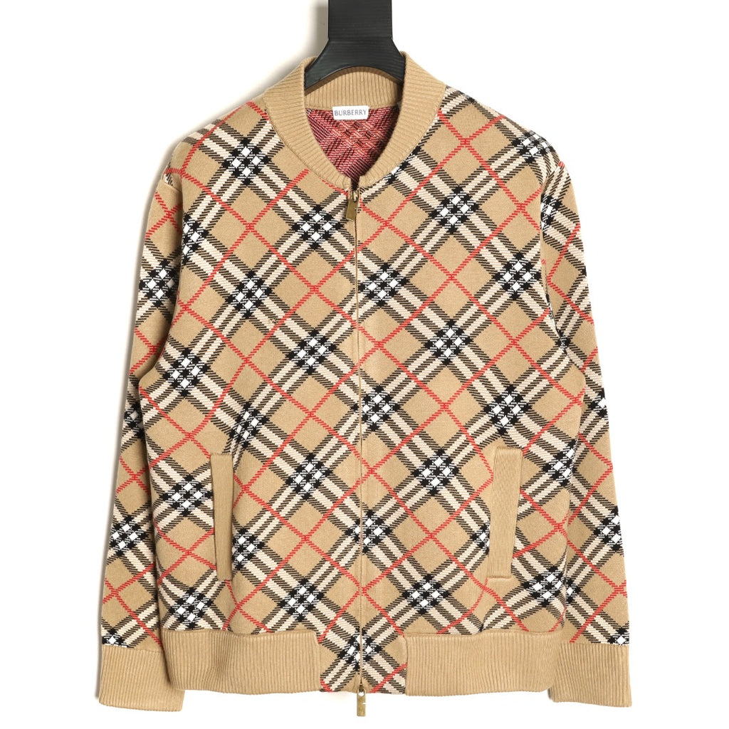 Burberry BBR Beige Large Diamond-Check Blend Zip Cardigan Jacket