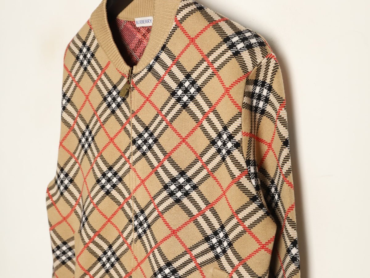 Burberry BBR Beige Large Diamond-Check Blend Zip Cardigan Jacket