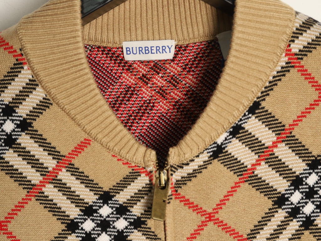 Burberry BBR Beige Large Diamond-Check Blend Zip Cardigan Jacket