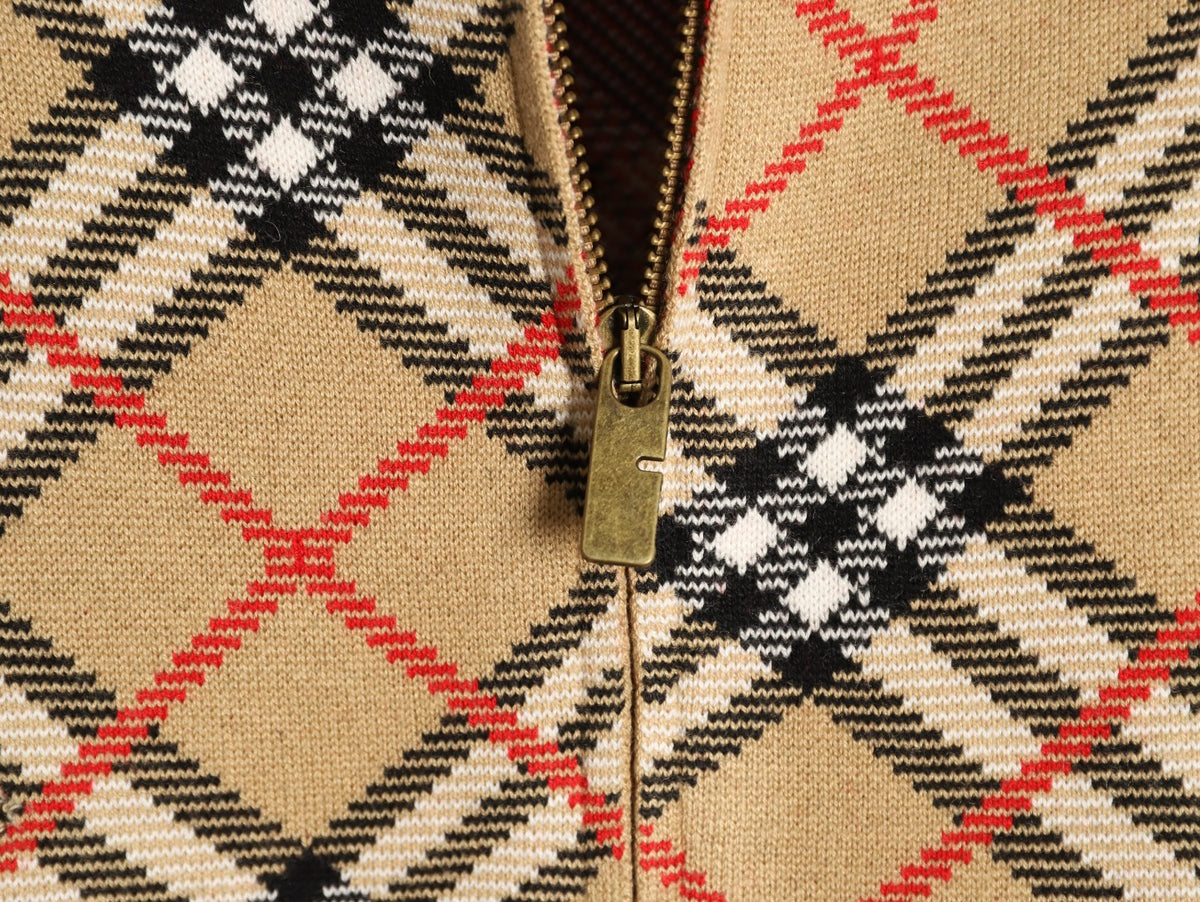 Burberry BBR Beige Large Diamond-Check Blend Zip Cardigan Jacket