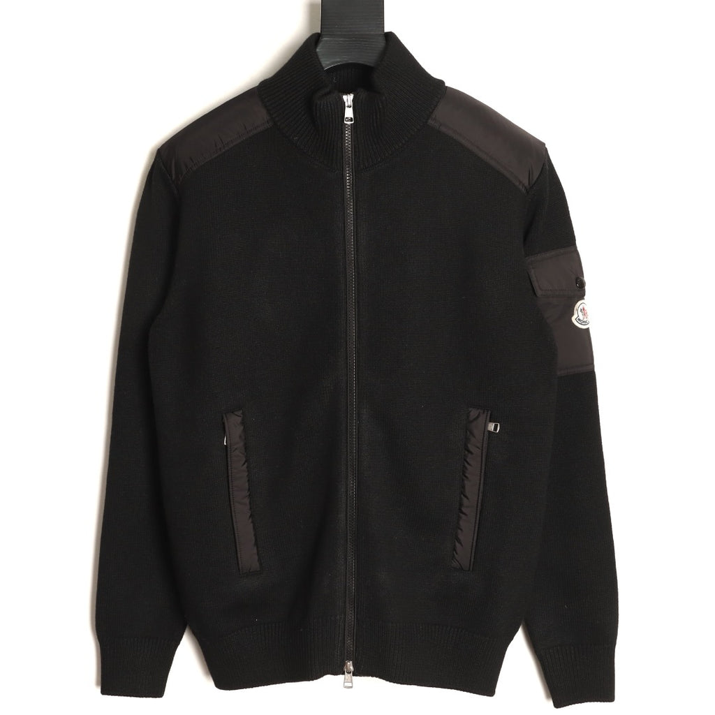 Moncler MC Patchwork Sleeve-Pocket Nylon Zip Knit Cardigan Jacket